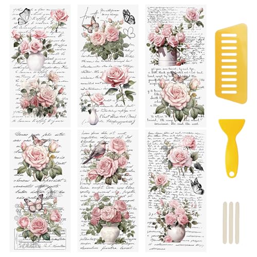 WANDIC 6 Bogen Rub on Transfer Stickers, Rosa Blumen Aufkleber Wand mit Vintage Muster, Wasserdicht, Handarbeiten, Möbel, DIY Kunsthandwerk, Dekorieren für Fotoalbum und Scrapbook, 15 x 30 cm von WANDIC