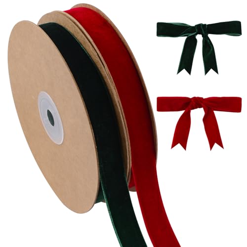 WANDIC Rot-grünes Samtband, 2 Rollen, 9,1 m, einseitig, Vintage-Seide, weiches Band für Weihnachtsdekoration, Geschenkverpackung, Hochzeitsblumenstrauß WANDIC Rot-grünes Samtband, 2 Rollen, 9,1 m, einseitig, Vintage-Seide, weiches Band für Weihnachtsdekoration, Geschenkverpackung, Hochzeitsblumenstrauß von WANDIC