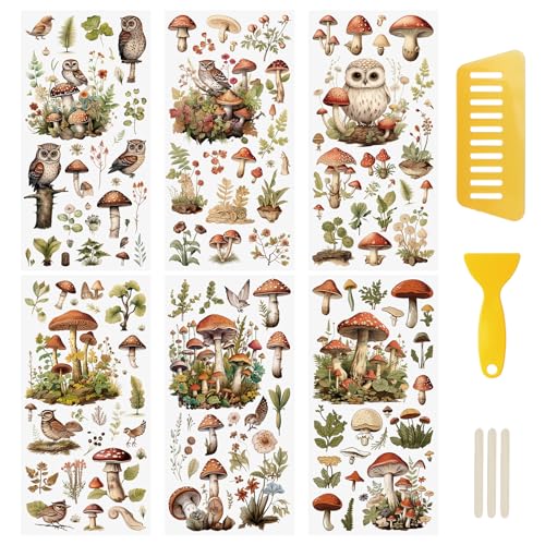 WANDIC Rub On Transfer Aufkleber, 6 Blatt Eule Decals Pilz Aufkleber Waldpflanzenaufkleber wasserdichte Abziehbilder für Grußkarten WANDIC Rub On Transfer Aufkleber, 6 Blatt Eule Decals Pilz Aufkleber Waldpflanzenaufkleber wasserdichte Abziehbilder für Grußkarten von WANDIC