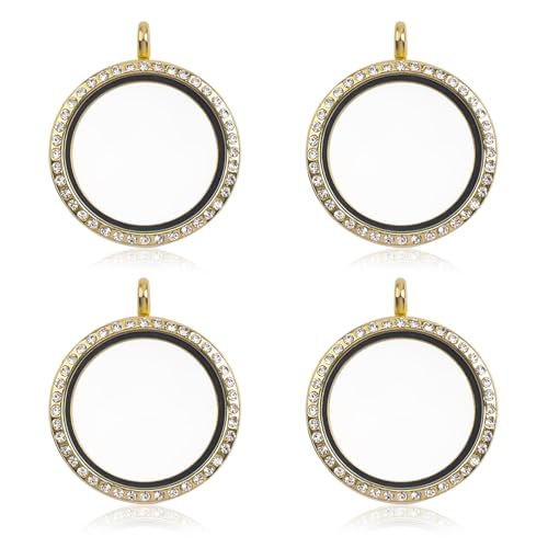 WANDIC Strass Foto Charm, 4 Stück Gold Farbe Rund Kristall Foto Anhänger Braut Hochzeit Bouquet Charms Memory Medaillon für 2 Bilder (4 Stück Gold) von WANDIC