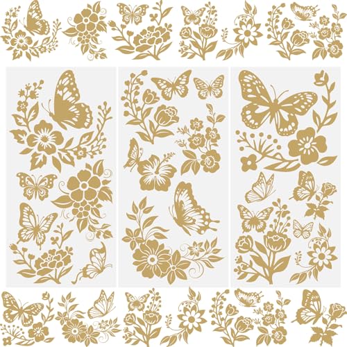 WANDIC Transferaufkleber für Möbel, goldfarbene Transfer-Aufkleber, Papier, Schmetterling, Blumenmuster, Transfers für Bastelarbeiten, Scrapbooking, Fotoalben, Dekoration, 15 x 30 cm, 3 Bögen WANDIC Transferaufkleber für Möbel, goldfarbene Transfer-Aufkleber, Papier, Schmetterling, Blumenmuster, Transfers für Bastelarbeiten, Scrapbooking, Fotoalben, Dekoration, 15 x 30 cm, 3 Bögen von WANDIC