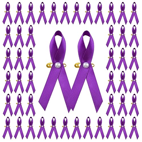 WANDIC Violette Schleifen-Anstecknadel mit Perle, 100 Stück Satin-Anstecknadeln für häusliche Gewalt, Alzheimer, Parkinson, Krebsbewusstsein, 100, Polyester von WANDIC