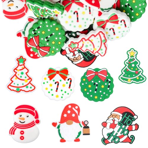 WANDIC Weihnachtliche Silikonperlen, 21 Stück, bunt bemalte Perlen, lose Weihnachtsbaum, Weihnachtsmann, Silikonperlen für Dekoration, DIY, Schlüsselanhänger, Schmuckherstellung von WANDIC