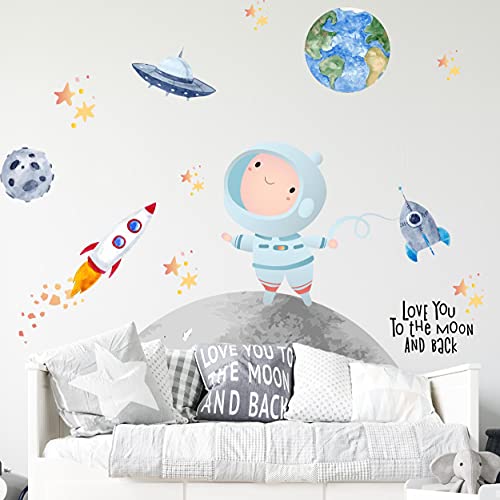 Astronaut Wandtattoo V295 | handgezeichnet | AUFKLEBER Kindergarten | Wandsticker Kinderzimmer Weltraum Rakete Mondreise Erde Sterne Raumschiff Planeten (120 x 120 cm) von WANDKIND
