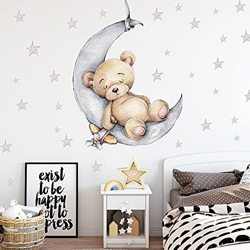 WANDKIND Bär auf dem Mond Wandtattoo Kinderzimmer V265 | handgezeichnet | AUFKLEBER Kindergarten | Wandsticker Teddybär mit Sterne Teddy (40 x 55 cm) von WANDKIND