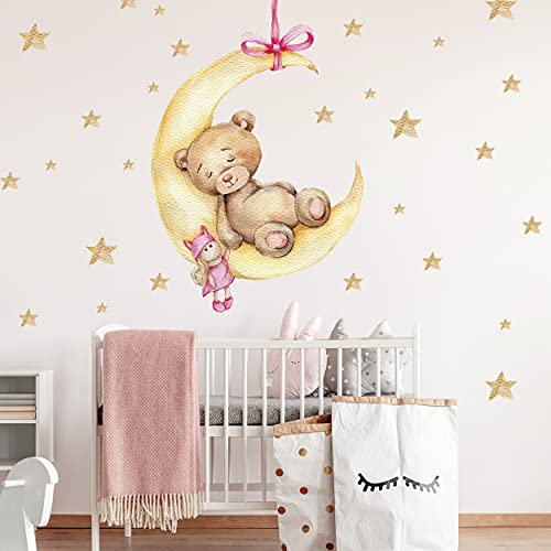 WANDKIND Bär auf dem Mond Wandtattoo V291 | handgezeichnet | AUFKLEBER Kindergarten | Wandsticker Kinderzimmer Teddybär mit Sterne Teddy (40 x 55 cm) von WANDKIND