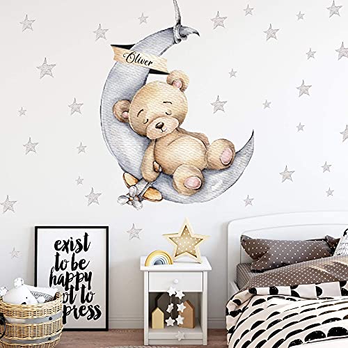 Bär auf dem Mond mit Wunschname Wandtattoo V300 | handgezeichnet | AUFKLEBER Kindergarten | Wandsticker Kinderzimmer Teddybär mit Sterne Teddy (50 x 70 cm) von WANDKIND