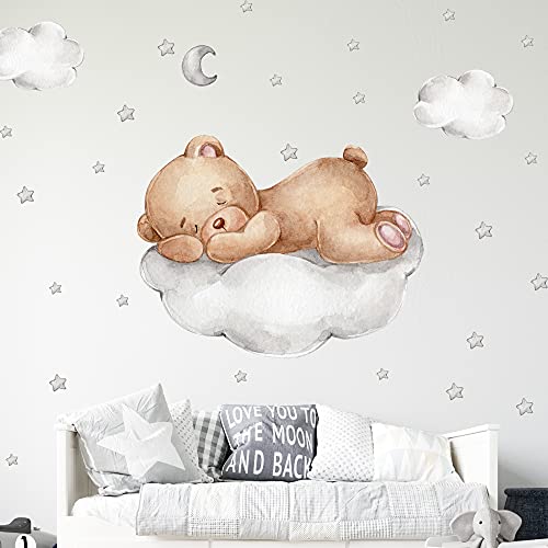 WANDKIND Bär auf der Wolke Wandtattoo V267 | handgezeichnet | AUFKLEBER Kindergarten | Wandsticker Kinderzimmer Deko Teddybär mit Sterne Teddy (60 x 60 cm) von WANDKIND