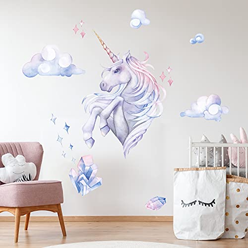 Einhorn mit Wolken Wandtattoo V274 | handgezeichnet | AUFKLEBER Kindergarten | Wandsticker Kinderzimmer Unicorn mit Wolken Lila Wolke (100 x100 cm) von WANDKIND