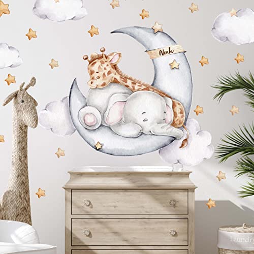 Elefant und Giraffe Personalisierbar V365 mit Wunschname | handgezeichnet | AUFKLEBER Kindergarten | Wandsticker Kinderzimmer Deko mit Sternen Babyzimmer (120 x 120 cm) von WANDKIND