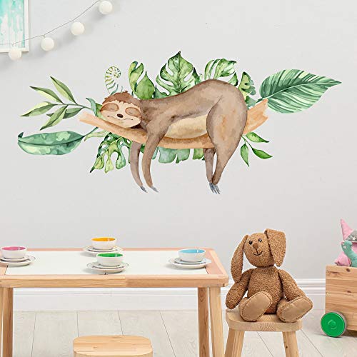 FAULTIER auf dem Ast mit Blätter Wandtattoo | Aufkleber Kindergarten | Wandsticker Kinderzimmer Babyzimmer Wand Deko (50 x 50 cm) von WANDKIND