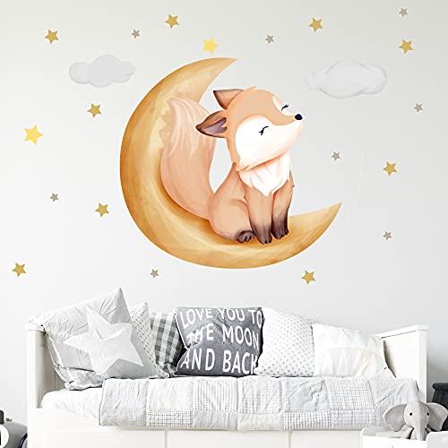 WANDKIND Fuchs auf dem Mond Wandtattoo V254 | handgezeichnet | AUFKLEBER Kindergarten | Wandsticker Kinderzimmer mit Wolken und Sterne Wolke Sleepy Eyes (60 x 60 cm) von WANDKIND