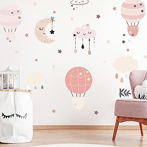 HEIßLUFTBALLON Wandtattoo Set | V261 handgezeichnet | AUFKLEBER Kindergarten | Wandsticker Kinderzimmer Babyzimmer Ballon Wolken Sterne Mond Boho (Rosa) von WANDKIND