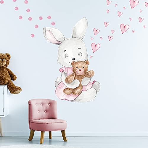 Hase mit Teddybär V270 | handgezeichnet | AUFKLEBER Kindergarten | Wandsticker Kinderzimmer mit Herzchen Teddy Mädchenzimmer Mädchen (40 x 55 cm) von WANDKIND