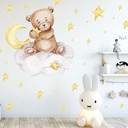 Knuddel Bär auf der Wolke V292 | handgezeichnet | AUFKLEBER Kindergarten | Wandsticker Kinderzimmer Teddybär mit Sterne Teddy (20 x 20 cm) von WANDKIND