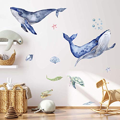 WANDKIND WAL Ozean Wandtattoo Set | handgezeichnet | AUFKLEBER Babyzimmer | Wandsticker Kinderzimmer Schildkröte Meerestiere (100 x 100 cm) von WANDKIND