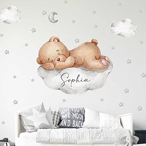 WANDKIND Bär auf der Wolke Wunschname V305 Wandtattoo Kinderzimmer | handgezeichnet | AUFKLEBER Kindergarten | Wandsticker Babyzimmer, Kinderzimmer Bär, Mond, Sterne, Wolke (100 x 100 cm) von WANDKIND