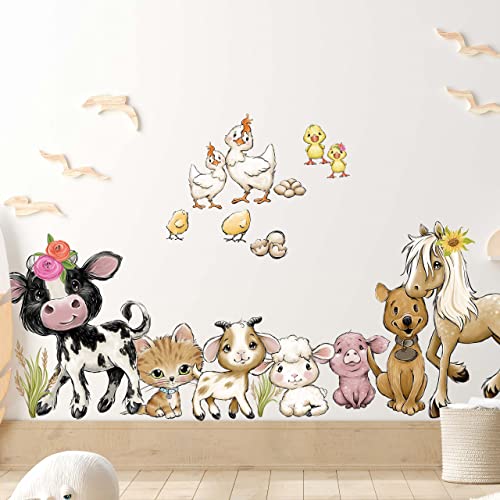 WANDKIND Bauernhof Wandtattoo Kinderzimmer V360 | handgezeichnet | AUFKLEBER Kindergarten | Babyzimmer Wandsticker Pferd Schwein Kuh Hund Huhn Katze (120 x 120 cm) von WANDKIND