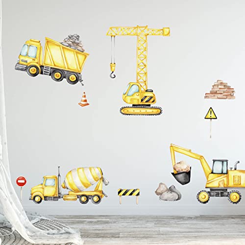 WANDKIND Baustelle Set V313 Wandtattoo | handgezeichnet | AUFKLEBER Kindergarten | mit Bagger LKW Kran Baukran Fahrzeuge Betonmischer Bau Kipper Wandfolie (75 x 75 cm) von WANDKIND