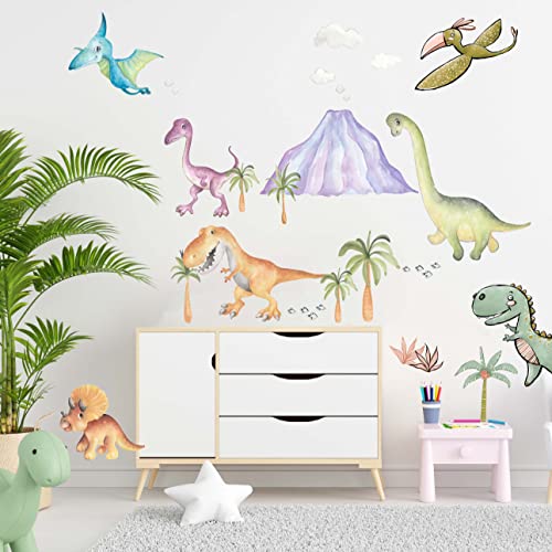 WANDKIND Dino Welt Wandtattoo Kinderzimmer V361 | handgezeichnet | AUFKLEBER Kindergarten | Babyzimmer Wandsticker Wanddeko Dekoration Dinosaurier Vulkan (120 x 120 cm) von WANDKIND