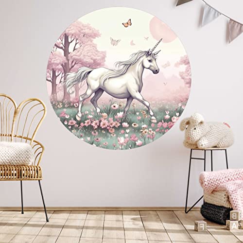 WANDKIND Einhorn Wandtattoo Rund Kinderzimmer V417 | handgezeichnet | AUFKLEBER Kindergarten | Wandsticker Babyzimmer | Blumenwiese (130 x 130 cm) von WANDKIND