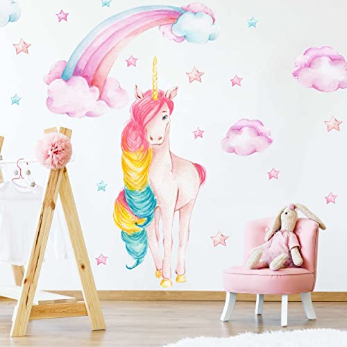 WANDKIND Einhorn mit Regenbogen Wandtattoo Kinderzimmer V380 | handgezeichnet | AUFKLEBER Kindergarten | Babyzimmer Wandsticker Unicorn (120 x 120 cm) von WANDKIND