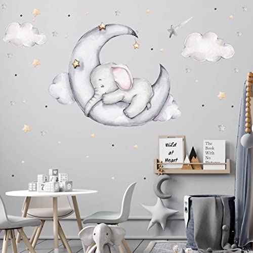 WANDKIND Elefant auf dem Mond Wandtattoo V311 | handgezeichnet | AUFKLEBER Kindergarten | Wandsticker Kinderzimmer Elefanten mit Sterne Elephant Halbmond (100 x 100 cm) von WANDKIND