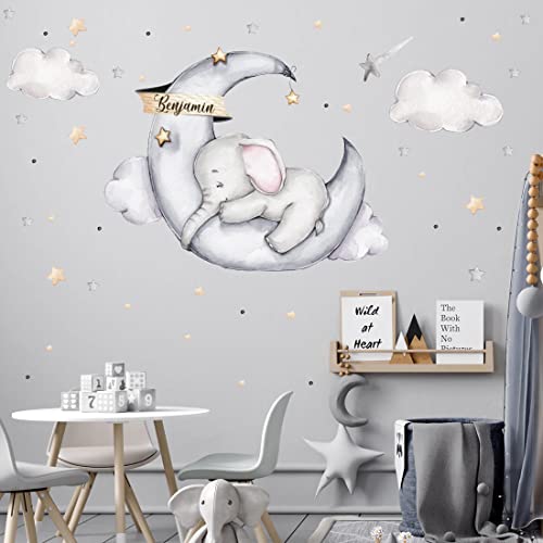 WANDKIND Elefant auf dem Mond mit Wunschname V329 Wandtattoo Kinderzimmer | handgezeichnet | AUFKLEBER Kindergarten | Wandsticker Babyzimmer, Kinderzimmer Elefant, Mond, Wolke, Sterne (60 x 60 cm) von WANDKIND