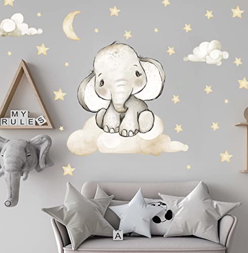 WANDKIND Elefant auf der Wolke Wandtattoo V337 | handgezeichnet | AUFKLEBER Kindergarten | Wandsticker Kinderzimmer Elefanten mit Sterne Elephant Wolken (40 x 40 cm) von WANDKIND