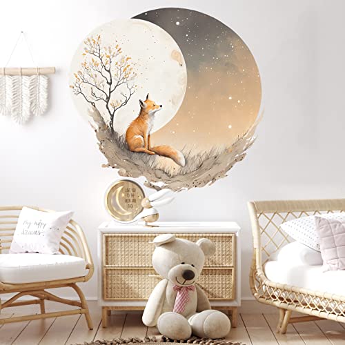 WANDKIND Fuchs Mond Wandtattoo Rund Kinderzimmer V411 | handgezeichnet | AUFKLEBER Kindergarten | Wandsticker Babyzimmer Mond (100 x 100 cm) von WANDKIND