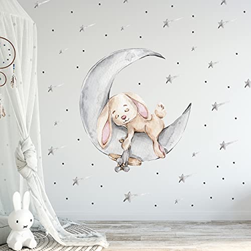 WANDKIND Hase auf dem Mond Wandtattoo V303 | handgezeichnet | AUFKLEBER Kindergarten | Wandsticker Kinderzimmer Hasen mit Sterne Sternschnuppe (40 x 40 cm) von WANDKIND