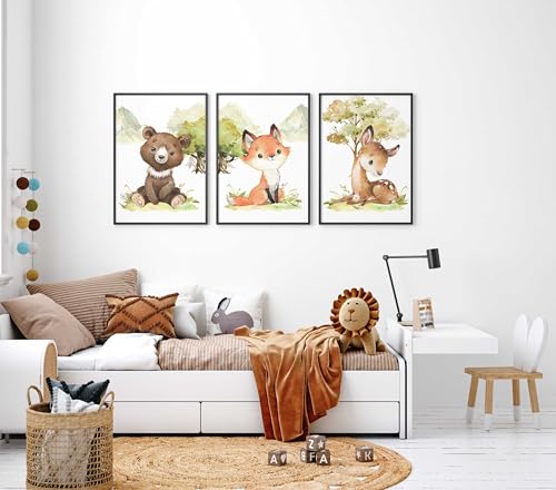 WANDKIND Kinderzimmer Poster Set Premium P795 / niedliche Waldtiere Portraits Babyzimmer Wandbild (A3 - Rahmen/Frame Eiche/Oak) von WANDKIND