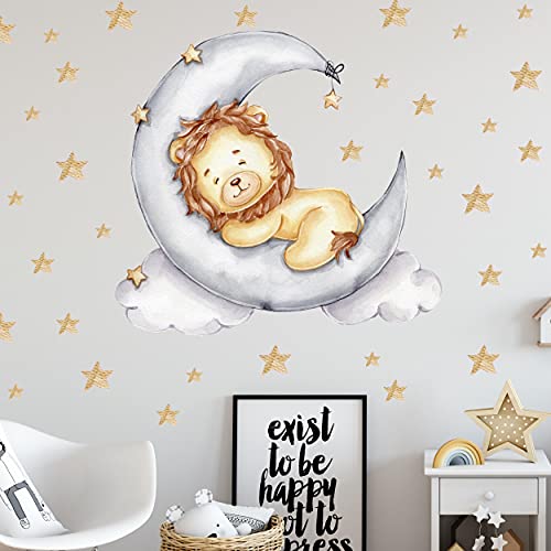 WANDKIND Löwe auf dem Mond V302 | handgezeichnet | AUFKLEBER Kindergarten | Wandsticker Kinderzimmer Löwen mit Sterne König (120 x 120 cm) von WANDKIND