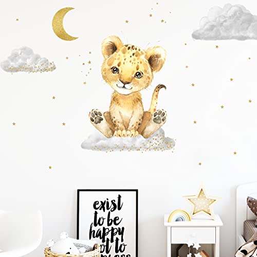 WANDKIND Löwe auf der Wolke Wandtattoo V338 | handgezeichnet | AUFKLEBER Kindergarten | Wandsticker Kinderzimmer Löwen mit goldene Sterne Lion Gold Wolken (50 x 50 cm) von WANDKIND