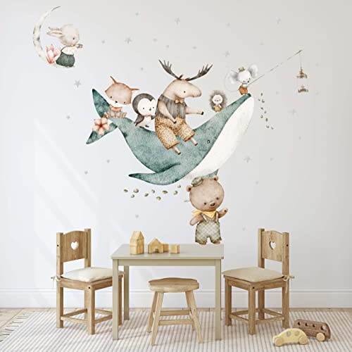 WANDKIND Magischer Wal Reiter Tiere Wandtattoo Kinderzimmer V382 | handgezeichnet | AUFKLEBER Kindergarten | Babyzimmer Wandsticker Bär, Fuchs und Hase (100 x 100 cm) von WANDKIND