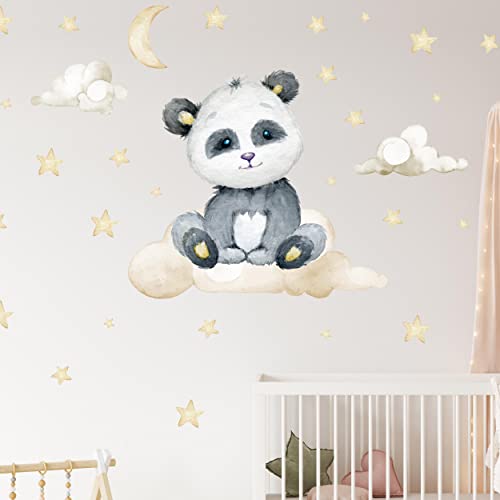 WANDKIND Panda auf der Wolke Wandtattoo V320 | handgezeichnet | AUFKLEBER Kindergarten | Wandsticker Kinderzimmer Pandabär mit Sterne Bär Wolken (60 x 60 cm) von WANDKIND