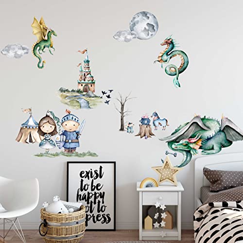 WANDKIND Ritter und Drache Wandtattoo Kinderzimmer V383 | handgezeichnet | AUFKLEBER Kindergarten | Babyzimmer Wandsticker Schloss Prinzessin Wanddeko (75 x 75 cm) von WANDKIND