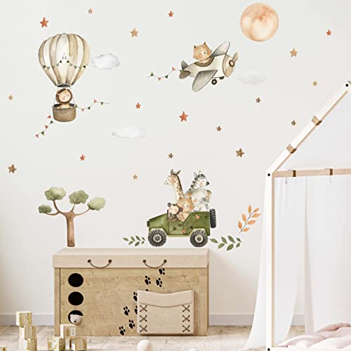 WANDKIND Safari Tiere Afrika Wandtattoo Safari Kinderzimmer V368 | handgezeichnet | AUFKLEBER Kindergarten | Wandsticker Dschungel mit Löwe Elefant Giraffe Zebra (120 x 120 cm) von WANDKIND