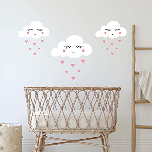 WANDKIND Sleepy Eyes Wolken Set Herzchen Tropfen Wandtattoo für Babyzimmer Kinderregale Regen Tropfen Aufkleber (Weiss/Rosa) von WANDKIND