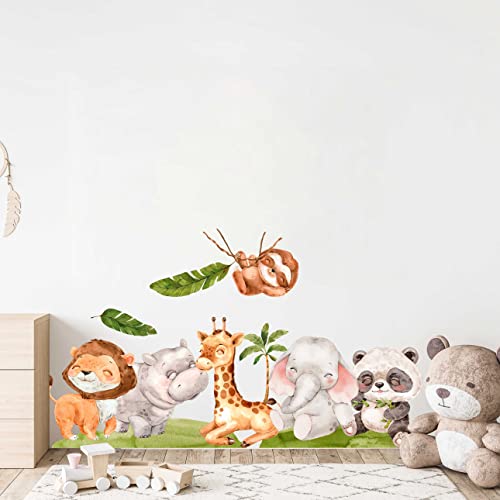 WANDKIND Tiere Afrika Wandtattoo Kinderzimmer V387 | handgezeichnet | AUFKLEBER Kindergarten | Babyzimmer Wandsticker Löwe Giraffe Panda Nilpferd (120 x 120 cm) von WANDKIND