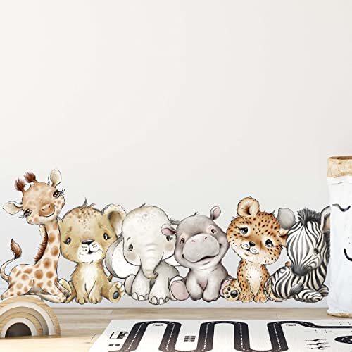 WANDKIND Tiere Afrika Wandtattoo Safari Kinderzimmer V351 | handgezeichnet | AUFKLEBER Kindergarten | Wandsticker Dschungel mit Löwe Elefant Giraffe Nilpferd Zebra Tiger (100 x 100 cm) von WANDKIND