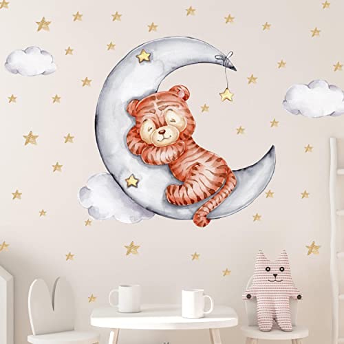 WANDKIND Tiger auf dem Mond Wandtattoo V321 | handgezeichnet | AUFKLEBER Kindergarten | Wandsticker Kinderzimmer Gepard mit Sterne Katze Wolken Baby Tiger (50 x 50 cm) von WANDKIND