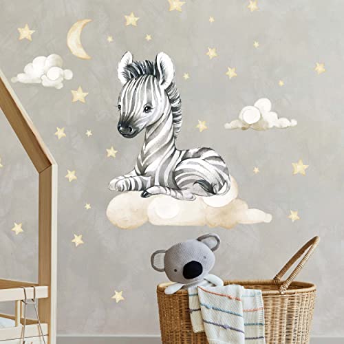 WANDKIND Zebra auf der Wolke Wandtattoo V341 | handgezeichnet | AUFKLEBER Kindergarten | Wandsticker Kinderzimmer Zebras mit Sterne Wolken (100 x 100 cm) von WANDKIND