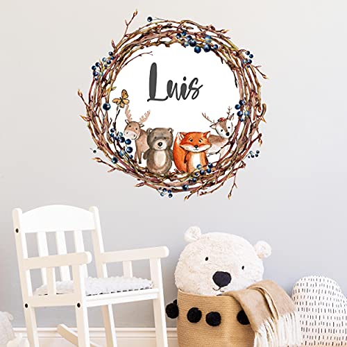 Waldtiere mit WUNSCHNAME V279 Wandtattoo personalisierbar Aufkleber Sticker Kinderzimmer Namensaufkleber Name Wunschnamen Türaufkleber Kranz (40 x 40 cm) von WANDKIND