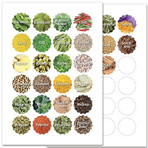 WANDKINGS Gewürzetiketten Ø 4 cm - 48 Stück blumenförmige Gewürzaufkleber - Etiketten/Sticker/Aufkleber für Gewürze selbstklebend auf 2 DIN A4 Bögen - Schrift 2 WANDKINGS Gewürzetiketten Ø 4 cm - 48 Stück blumenförmige Gewürzaufkleber - Etiketten/Sticker/Aufkleber für Gewürze selbstklebend auf 2 DIN A4 Bögen - Schrift 2 von WANDKINGS