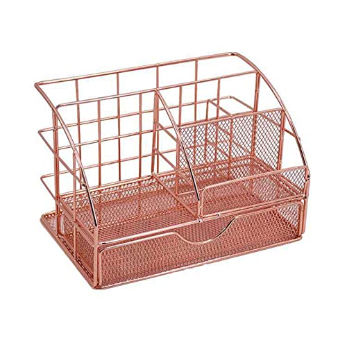 WANGCL Schreibtisch-Organizer aus rotgoldenem Netzstoff, Stiftehalter mit Schublade, multifunktionaler Metall-Schreibtisch-Organizer, zum Aufbewahren von Make-up und Pinseln, mit Handyhalterung von WANGCL