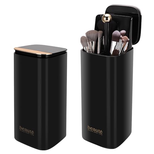 WANGDAWING Make-up-Pinselhalter mit Deckel, One Touch zum Öffnen, automatisches Anheben, wasserdicht, staubdicht, Make-up-Organizer für Schminktisch, Badezimmer (schwarz) von WANGDAWING