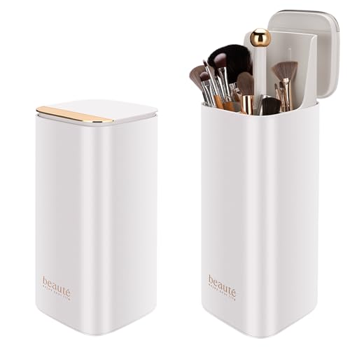 WANGDAWING Make-up-Pinselhalter mit Deckel, One Touch zum Öffnen, automatisches Anheben, wasserdicht, staubdicht, Make-up-Organizer für Schminktisch, Badezimmer (weiß) von WANGDAWING