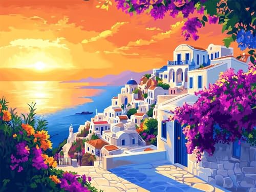 Diamond Painting Erwachsene Groß 50x40cm, 5D Diamond Painting Mittelmeer, DIY Diamant Painting Bilder Sonnenuntergang, Diamond Painting Set mit Zubehör Full Drill Dimond Painting für Home Wand Décor von WANGLLPGY