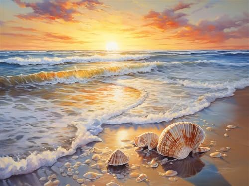 Diamond Painting Sandstrand 5D Diamond Painting Erwachsene Groß 60x40cm, DIY Diamant Painting Bilder Muscheln Bastelset Erwachsene, Dimond Painting Set für Home Wand Dekoration Geschenk -YZ686 von WANGLLPGY